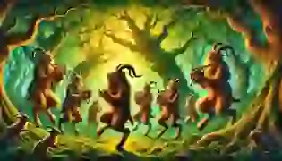 An idyllic scene of the Arcadian forest, alive with vibrant colors and the jubilant Satyrs, introducing the mythical tale of their courage and unity.