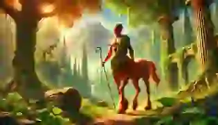 A centaur stands in a serene ancient Greek forest on Mount Pelion, embodying the duality of intellect and wilderness, with sunlight streaming through the lush greenery.