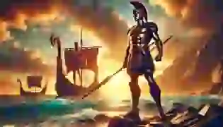 Achilles stands on the rocky shores of Greece under a vibrant sunset, ready to embark on his fateful journey to Troy. His bronze armor gleams in the golden light, with a calm sea and Greek ship in the background, symbolizing the start of an epic adventure.