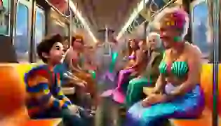 Julian gazes in wonder at a group of mermaids on the subway, a moment that sparks his imagination and desire to explore his own unique identity.