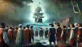 The English settlers cautiously arrive on the shores of Roanoke Island, gazing at the mysterious, untamed wilderness of the New World, unaware of the fateful events that lie ahead.