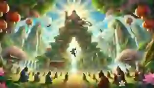 Sun Wukong, the Monkey King, emerges from the mystical stone at Flower-Fruit Mountain, surrounded by lush greenery and bowing monkeys, setting the stage for an epic journey.