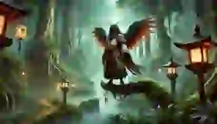 The majestic Tengu, Sōjōbō, watches over the ancient forest, embodying the mystical power and wisdom of Japanese folklore