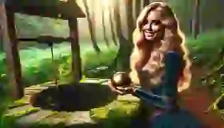 A beautiful medieval princess with golden hair stands beside a deep, dark well in an enchanted forest, holding her cherished golden ball.