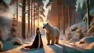 The princess stands in awe beside the majestic white bear, Valemon, in a serene snowy forest. The scene, bathed in the warm glow of the setting sun, marks the beginning of her enchanted journey into the unknown.