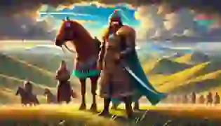 Alpamysh stands ready for his legendary journey across the vast steppes, with his loyal horse Baychobar by his side. The majestic mountains and rolling hills in the background hint at the challenges ahead, as he embarks on a quest filled with love, valor, and honor.