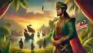 Hang Tuah gazes toward the sea in the golden light of sunset, reflecting on his journey as the loyal warrior of the Malacca Sultanate. The vibrant scene captures the majesty of the coastal kingdom and the serenity before the storm of events that follow in his legendary tale.