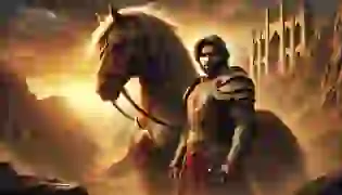 Rostam, the legendary Persian hero, stands beside his powerful horse, Rakhsh, at dusk. Clad in intricate armor, his face shows determination as he embarks on the perilous Haft Khan journey. The desert stretches into the horizon, casting a golden glow, reflecting the start of his epic adventure.