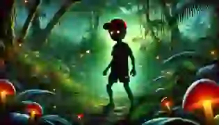 A shadowy figure with a red cap, known as the Saci, stands in the heart of a dense Brazilian forest at twilight, embodying the mysterious and enchanting aura of the legend