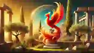 The Phoenix, a radiant bird of fire and rebirth, perches gracefully atop a marble pedestal amidst ancient Greek ruins, embodying the timeless essence of resilience and hope.