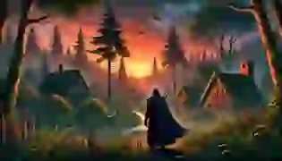 A mysterious stranger stands at the edge of a medieval village as the sun sets into twilight, casting a serene yet foreboding atmosphere over the landscape.