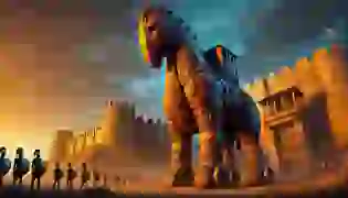 The Trojan Horse stands majestically outside the towering walls of Troy, bathed in the golden hues of a setting sun, as Greek soldiers prepare for their fateful plan. The ancient city looms in the background, hinting at the imminent clash between cunning and valor.