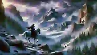 Rostam, the mighty hero, journeys through the dark forests at the base of snow-capped mountains, riding his loyal horse, Rakhsh, toward the lair of the fearsome White Demon. The ominous sky above reflects the danger that lies ahead, setting the stage for an epic confrontation between good and evil.