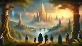 Awe-Inspiring Kingdom of Prester John – Travelers gaze upon the distant golden spires and crystal towers as they stand at the edge of a vast and mysterious forest, filled with wonder and curiosity.