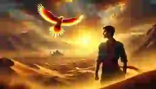 Darius gazes over the vast Persian desert as the legendary Huma bird soars high above, its vibrant feathers catching the golden light of the setting sun. This moment marks the beginning of his mystical journey to seek the wisdom of the elusive bird.