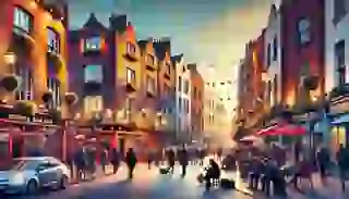 A vibrant street scene in Temple Bar, Dublin, with colorful buildings and bustling crowds.