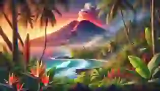 A breathtaking view of Hawaii, with Pele's volcano looming in the background, its molten power subtly emerging beneath the serene beauty of the tropical landscape. This image captures the delicate balance of creation and destruction at the heart of the story.