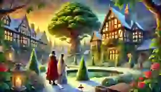 A wealthy couple stands in the snowy courtyard of their grand mansion, gazing at the ancient juniper tree with hopeful expressions. The scene introduces the magical atmosphere of "The Juniper Tree" fairy tale.