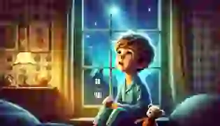 Leo gazes up at the night sky, his imagination alight with dreams of catching a star. The world outside his window sparkles, reflecting his wonder and determination to reach the unreachable.