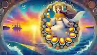 Ilmatar, the Air Maiden, with golden eggs on her knee, creating the world from the eggshells.