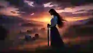 Mulan stands alone on a grassy hill at dusk, the sky glowing with the golden and purple hues of sunset. She holds her father’s sword, her hair still long, before cutting it to prepare for battle. In the distance, her quiet village is framed by distant mountains. The atmosphere is peaceful yet heavy with the weight of her impending decision.