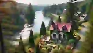 An aerial view of the Pine River with Clara's house in the foreground, surrounded by a colorful garden and tall pine trees.