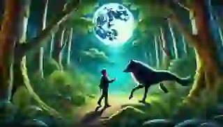 Nahuel meets a mystical black wolf in a vibrant Patagonian forest under a full moon.