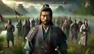 Song Jiang, the resolute leader of the Water Margin Heroes, stands at the forefront of his band of outlaws in the misty marshlands of Liangshan, ready for battle. The scene captures the strength, camaraderie, and determination of these legendary figures as they prepare to confront the corrupt forces of the empire.