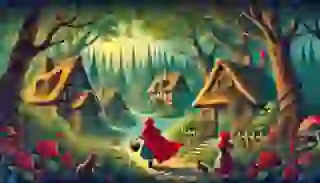  Little Red Riding Hood picking wildflowers in the forest.