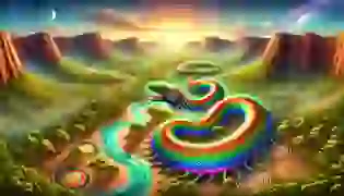 The majestic Rainbow Serpent coils through the vibrant Australian landscape, shaping the land and water with its radiant, rainbow-colored scales. Ancient symbols mark the ground, embodying the connection to the Dreamtime.