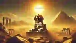 The Sphinx stands proudly atop a rocky hill, its majestic form overlooking a vast desert, with distant pyramids bathed in the golden light of a setting sun. The atmosphere is mysterious yet awe-inspiring, capturing the ancient grandeur of Egypt.