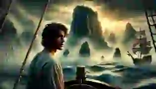 Theodosios, a young Greek sailor, gazes upon the mystical island of the Sirens, drawn by their legend. The sun sets in the background, casting an enchanting glow over the sea, setting the stage for his daring journey