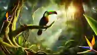 In the heart of the Amazon rainforest, a young toucan named Tico surveys his vibrant jungle home, where mysteries and dangers await in the lush canopy below.