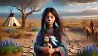 A young Native American girl, She-Who-Is-Alone, stands amidst a barren and drought-stricken landscape, holding her cherished doll. In the distance, the outline of her Comanche village hints at the hardships faced by her people, while her expression conveys both determination and hope, introducing the legend that is about to unfold.