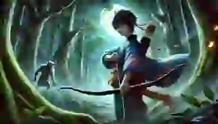 A young hero, Haruto, stands in a moonlit forest, his bow and arrow ready, as he prepares to confront the mysterious Oni lurking in the shadows of ancient Japan