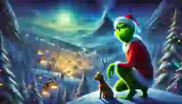 The Grinch scheming atop Mount Crumpit, overlooking the joyous lights of Whoville below, as he begins to plot his plan to steal Christmas.