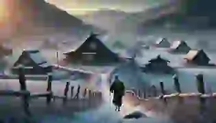 A serene winter evening in a quiet Japanese village, where the humble farmer Takashi begins his journey of kindness and gratitude.