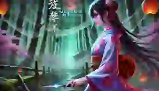 showing a young woman standing in a misty Japanese forest with a determined expression. She holds a knife, and faint spider webs hint at the lurking danger in the shadows. The atmosphere captures both the beauty and the fear that surround the tale.