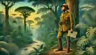 Percy Fawcett stands at the edge of the dense Amazon jungle, map in hand, ready to embark on his daring expedition to find the legendary Lost City of Z. The thick foliage and winding river behind him symbolize both the beauty and danger that lie ahead on his mysterious journey.