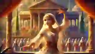 Elara performing the sacred Corybantic dance in front of the Temple of Artemis, setting the stage for the ancient Olympics.