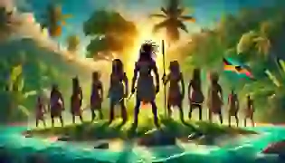 A group of proud Carib warriors stand on the edge of their island, facing the sea under a glowing sunset, symbolizing the strength and resilience of their people in the face of adversity.