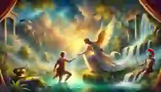 A mystical depiction of Achilles' fateful baptism in the River Styx, guided by his divine mother, Thetis, amidst the enchanting landscapes of ancient Greece.