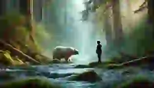 In the misty rainforests of British Columbia, Aiden stands by the river, gazing in awe as the sacred Spirit Bear, Yetsa, fishes for salmon. The vibrant forest, bathed in soft sunlight, sets the mystical tone of their journey.