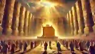 A grand introduction to the story of the Ark of the Covenant, depicting the Ark being carried in a majestic procession outside the Temple of Solomon in Jerusalem. Golden rays shine down, emphasizing the sacred nature of the event, while priests and onlookers witness the divine moment with reverence.