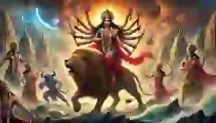 The Goddess Durga rides her majestic lion, facing the demon Mahishasura in his buffalo form amidst a dramatic landscape. The sky swirls with vibrant clouds, setting the tone for the epic battle that is about to unfold.