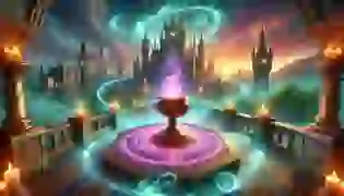 A mystical castle looms in the distance, surrounded by swirling magical energy, while a glowing chalice on a pedestal radiates vibrant magic, setting the tone for an adventure full of mystery and danger.