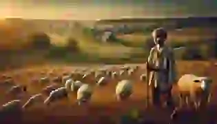 A young shepherd boy stands atop a hill at sunset, overlooking his flock of sheep as the village rests in the distance. A mischievous glint in his eye hints at the trouble about to unfold.