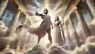 Zeus and Hera, the rulers of Olympus, stand atop Mount Olympus in a scene of divine power, with Zeus holding his thunderbolt and Hera in regal attire, against the backdrop of the majestic palace of the gods. Their expressions reflect the balance of strength and dignity that defines their rule.