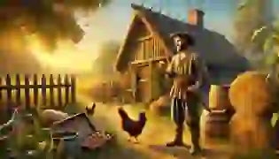 Jacob, a humble farmer, stands in awe as he discovers the first golden egg laid by his seemingly ordinary hen, against the backdrop of his peaceful farm at sunset.