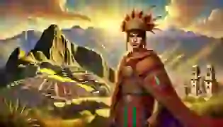 A young Pachacuti, adorned in vibrant Inca warrior attire, stands resolutely before the golden city of Cusco, with the towering Andes mountains as a majestic backdrop. The setting sun bathes the landscape in a golden glow, symbolizing the rise of a great empire.